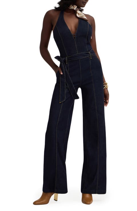 Emory Wide Leg Halter Denim Jumpsuit