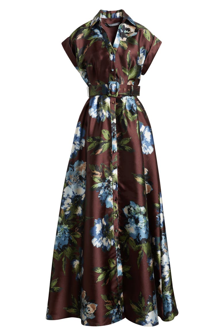 Floral Print Belted Satin Gown, Alternate, color, BROWN MULTI