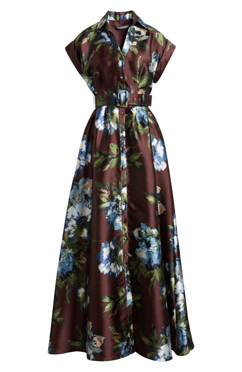 Julia Jordan Floral Print Belted Satin Gown, Alternate, color, Brown Multi