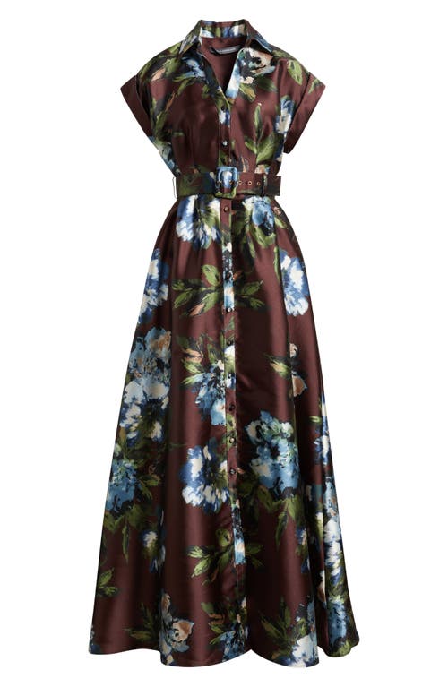 Julia Jordan Floral Print Belted Satin Gown In Burgundy
