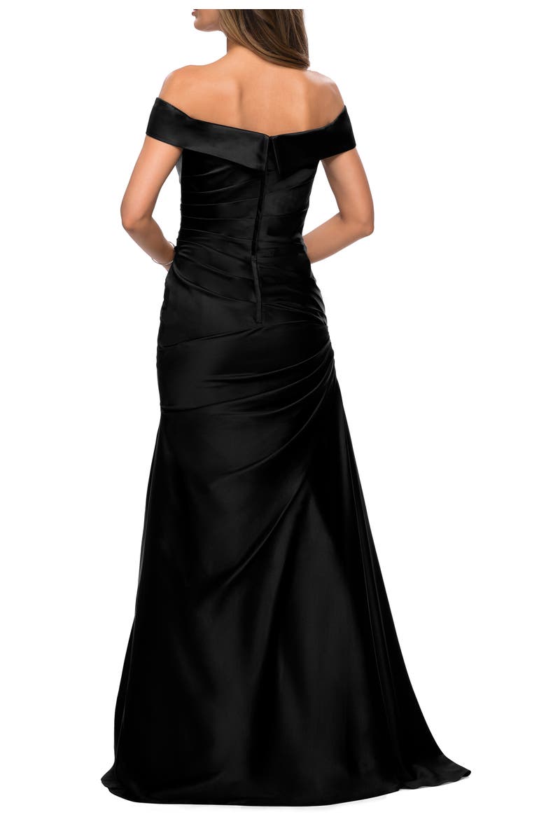 La Femme Off the Shoulder Satin Evening Dress with Pleating, Alternate, color, Black