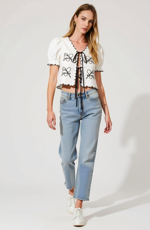 Modenaire Puff Sleeve Tie-front Blouse With Floral Embroidery And Eyelet Trim