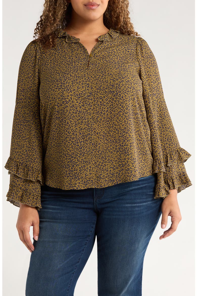 Leopard Print Ruffle Accent Top, Main, color, OLIVE TAPENADE/ NAVY