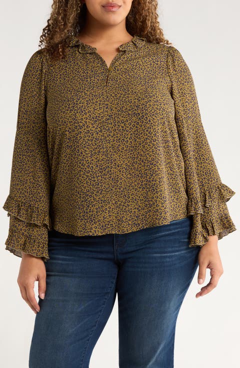 Leopard Print Ruffle Accent Top (Plus)
