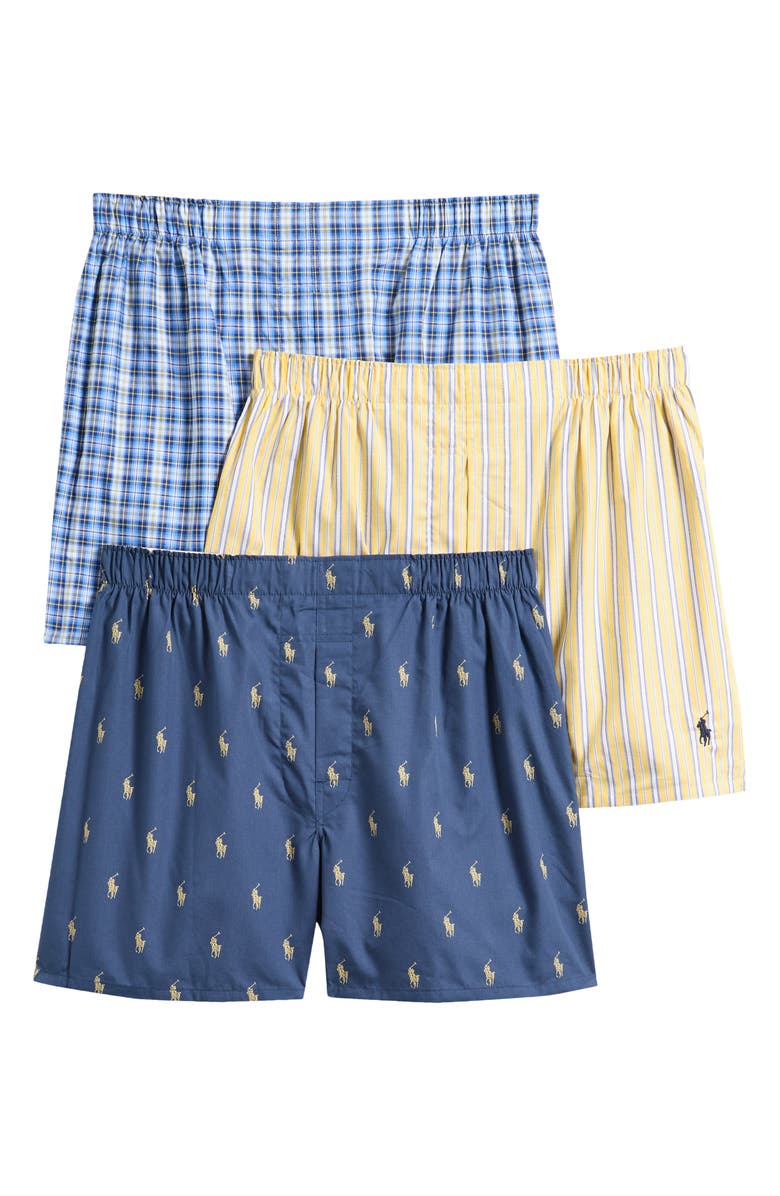 Polo Ralph Lauren Classic Fit Assorted 3-Pack Cotton Boxers, Main, color, Blue Multi/ Yellow Stripe