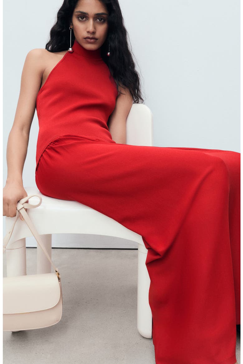 Halter Mixed Media Dress, Alternate, color, RED
