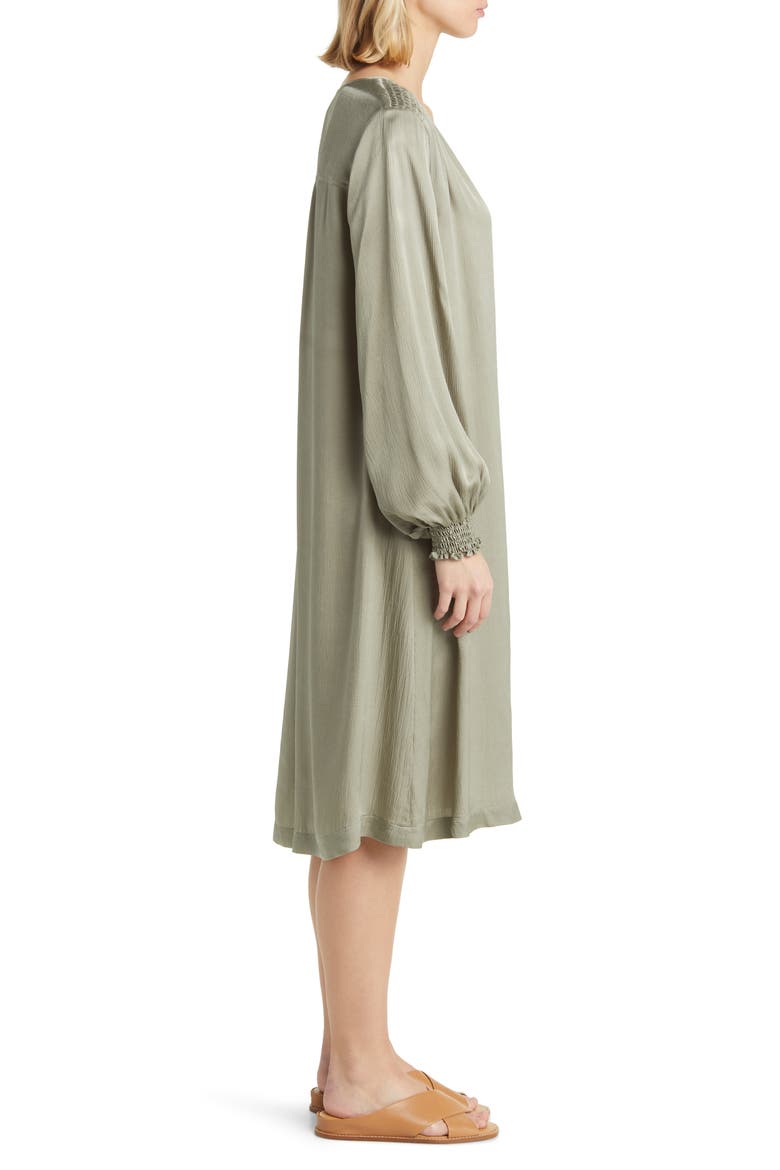 Nadiya Smocked Long Sleeve Satin Shift Dress, Alternate, color, VETIVER