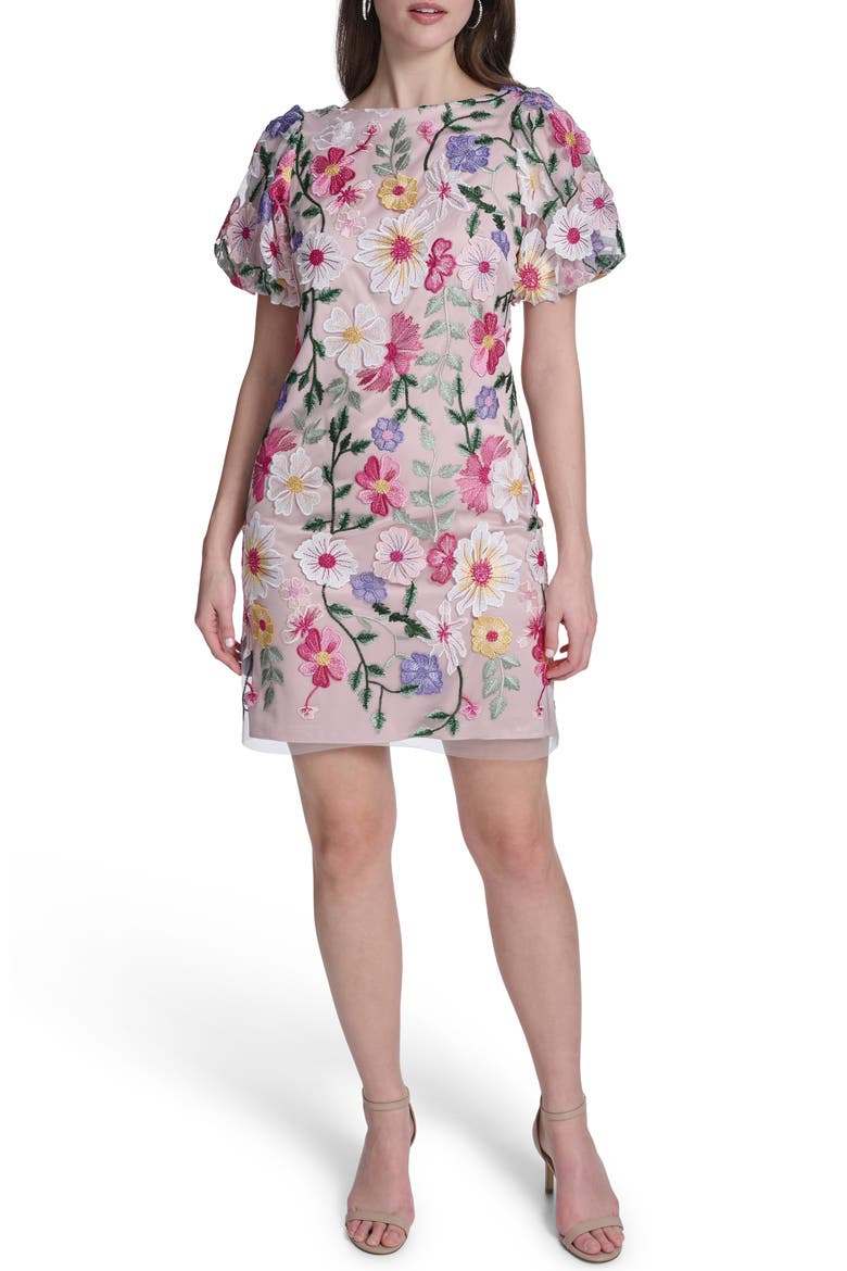 Puff Sleeve Floral Shift Dress, Main, color, PINK MULTI