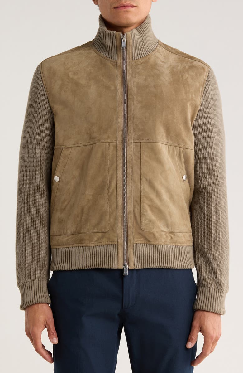 BOSS Maparo Goatskin Suede & Cotton Blend Knit Jacket, Alternate, color, Open Brown