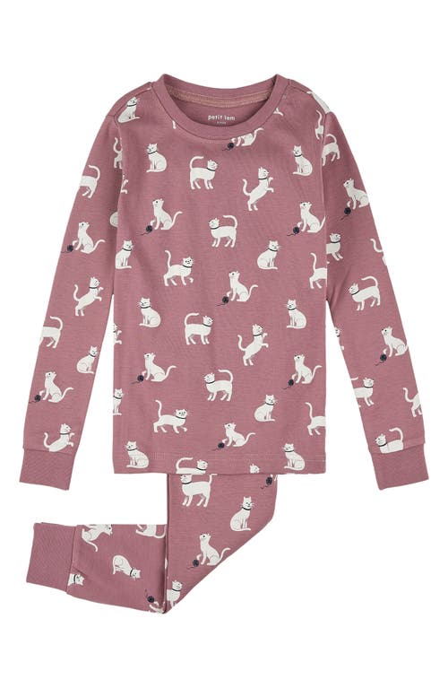 Petit Lem Kids' Cat Print Glow in the Dark Fitted Two-Piece Organic Cotton Rib Pajamas in Purple 