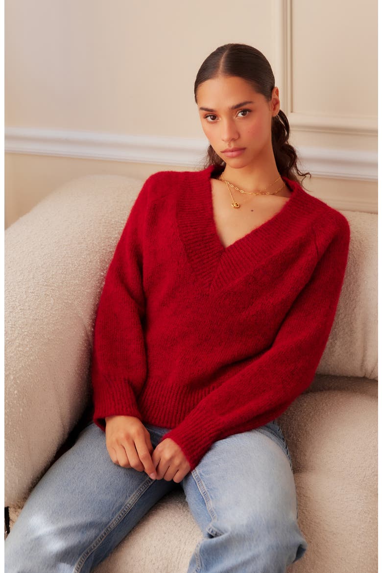 Heather V-Neck Sweater, Alternate, color, RED