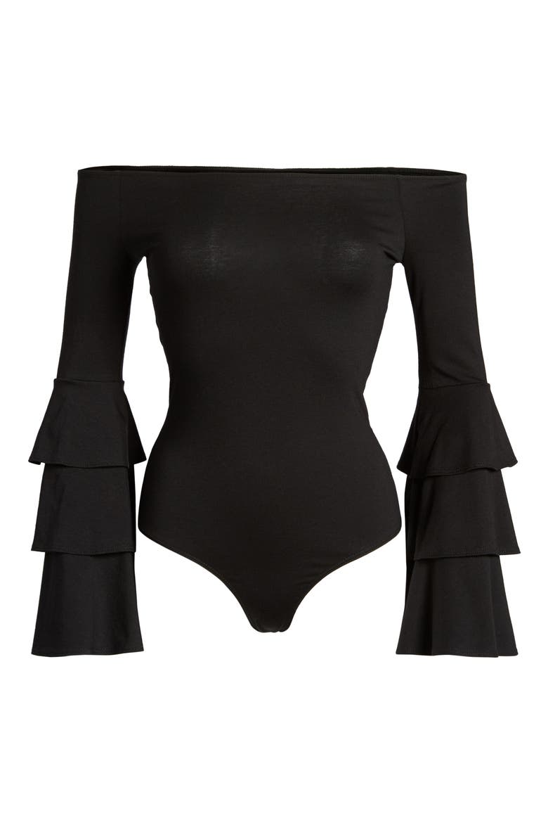 Ruffle Sleeve Off the Shoulder Bodysuit, Alternate, color, BLACK