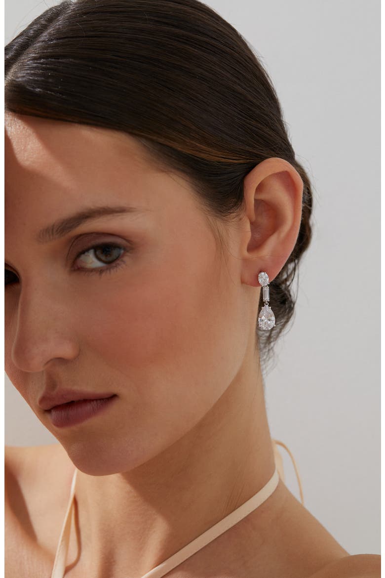 Delphine Cubic Zirconia Triple Drop Earrings, Alternate, color, RHODIUM