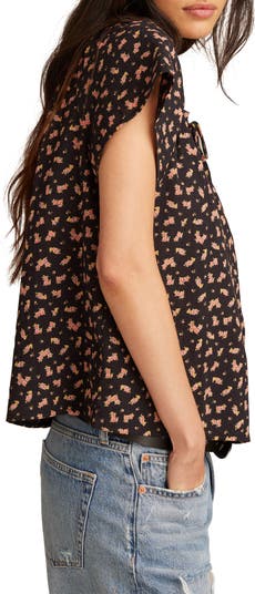 売れ筋商品|||ラッキーブランド カットソー トップス レディース Floral Short Sleeve Peasant Top Black Floral Lucky Brand Floral Embroidered Short Sleeve Cotton Peasant