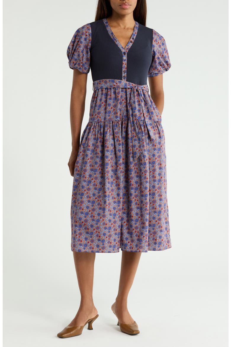 Natalia Mixed Media Dress, Main, color, NAVY/ DARK MOCHA MULTI FLORAL