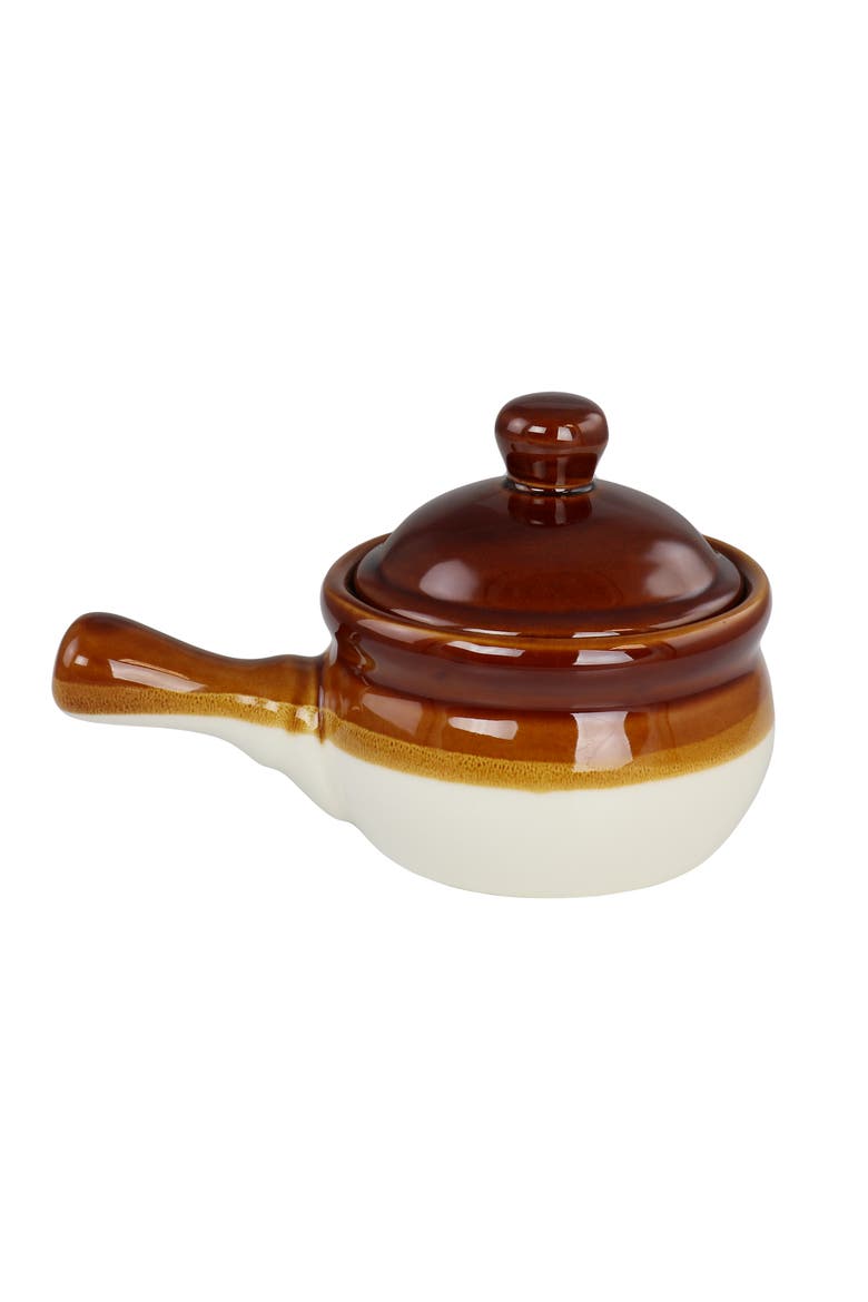 4 Piece Long Handle 15 Ounce French Onion Soup Bowl with Lid, Alternate, color, Brown