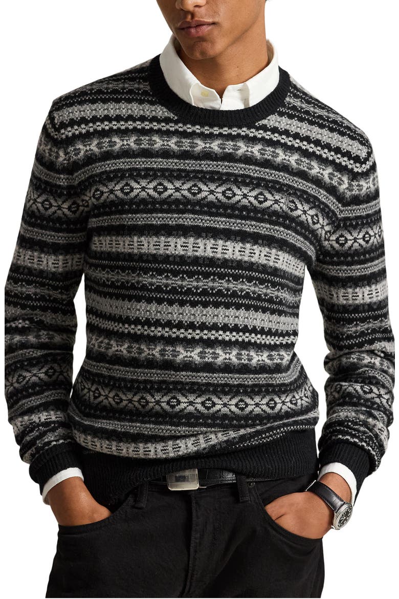 Fair Isle Wool Crewneck Sweater, Main, color, BLACK
