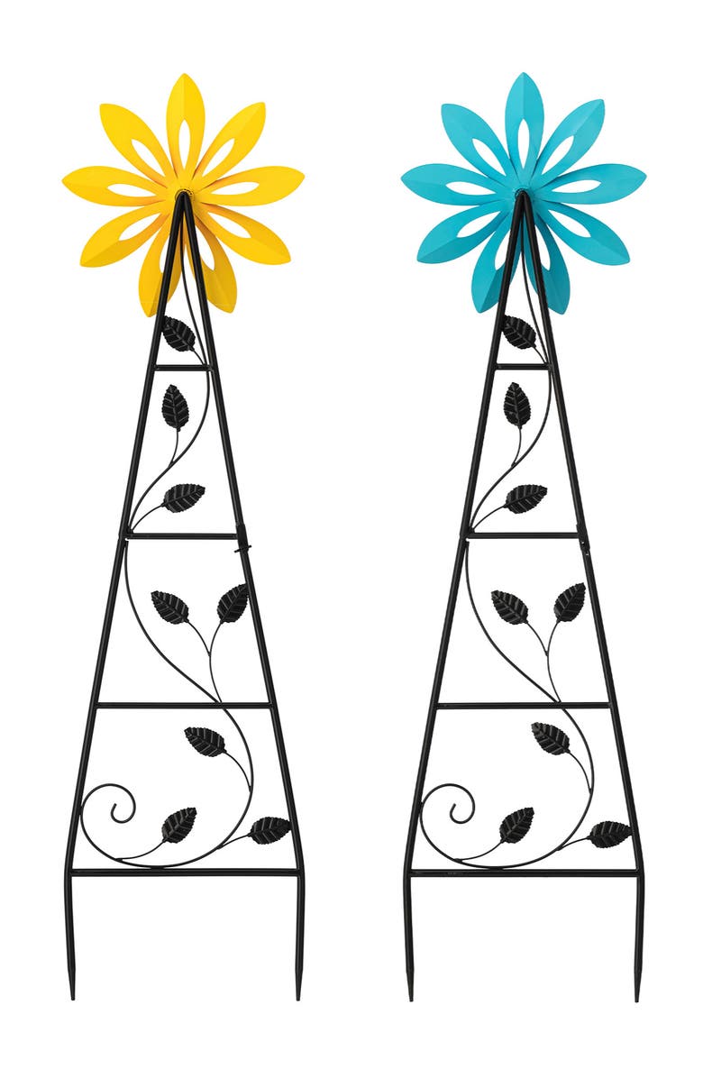 Glitzhome Set of 2 44"H Metal Blue & Yellowe Flower Wind Spinner Yardstakes, Alternate, color, Yellow