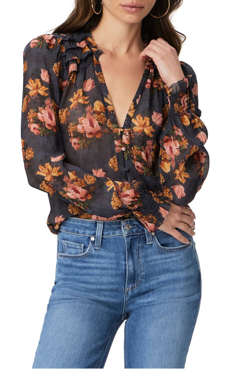 PAIGE Georgiana Floral Ruffle Trim Silk Top, Main, color,