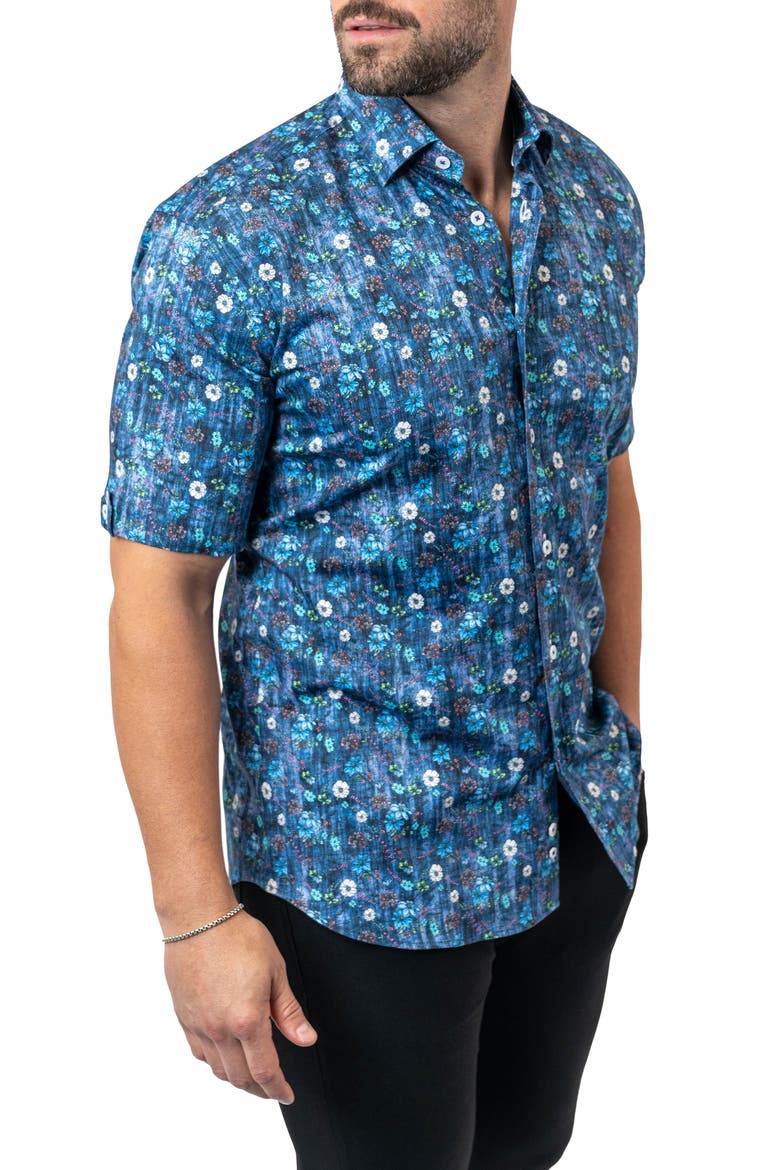 Galileo Floral 59 Blue Contemporary Fit Short Sleeve Button-Up Shirt, Alternate, color, BLUE