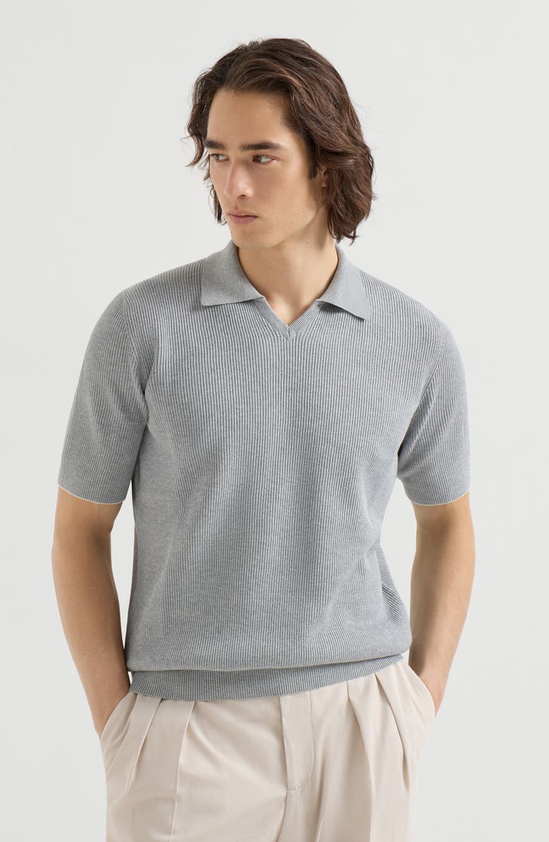 Brunello Cucinelli Cotton English rib knit polo, Alternate, color, Grey