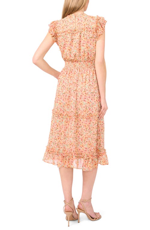 CECE CECE FLORAL FLUTTER SLEEVE SMOCKED MIDI DRESS 