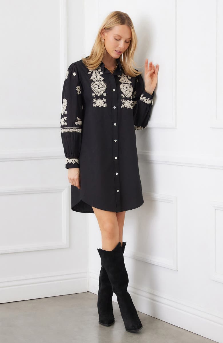 Karen Kane Embroidered Long Sleeve Cotton Shirtdress, Alternate, color, Black/ Tan