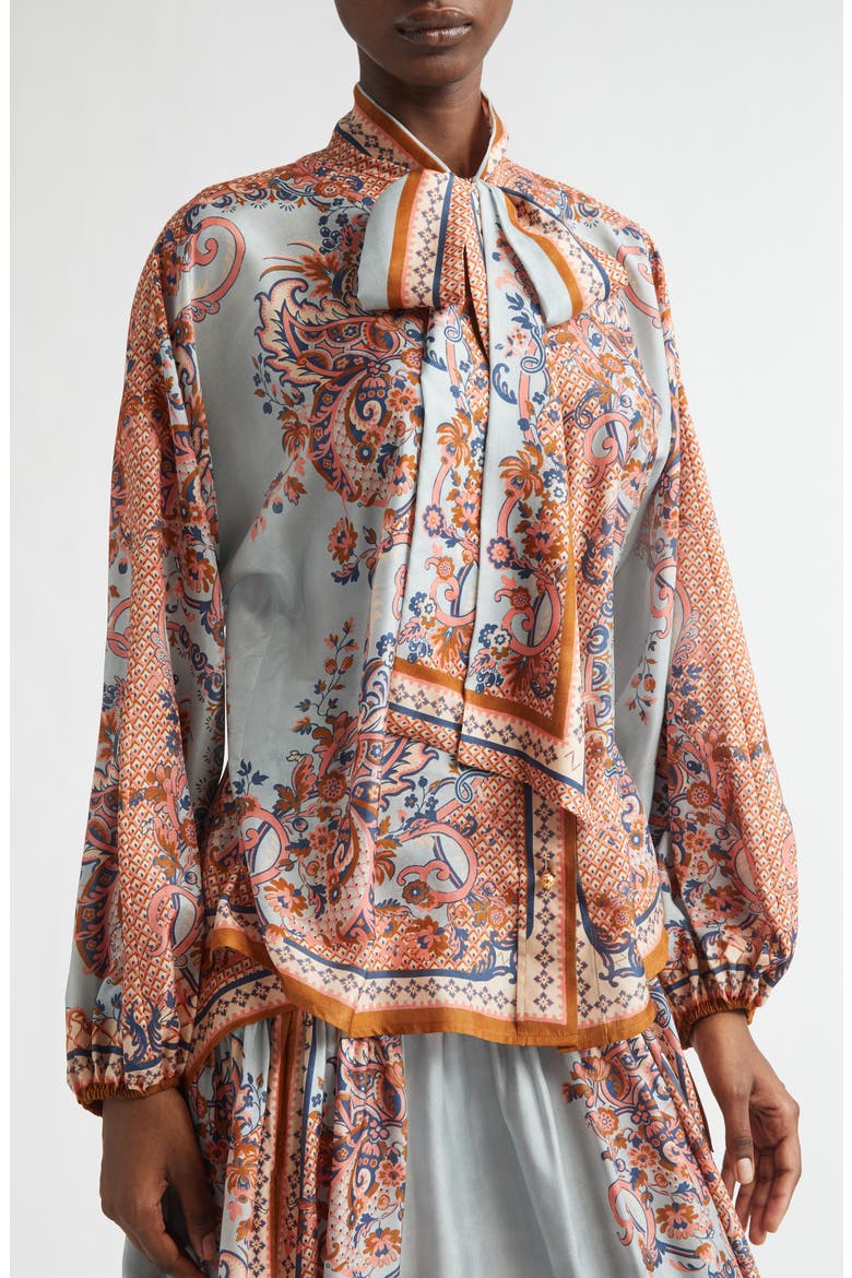 Aster Paisley Scarf Tie Silk Shirt, Alternate, color, BLUE PAISLEY FLORAL