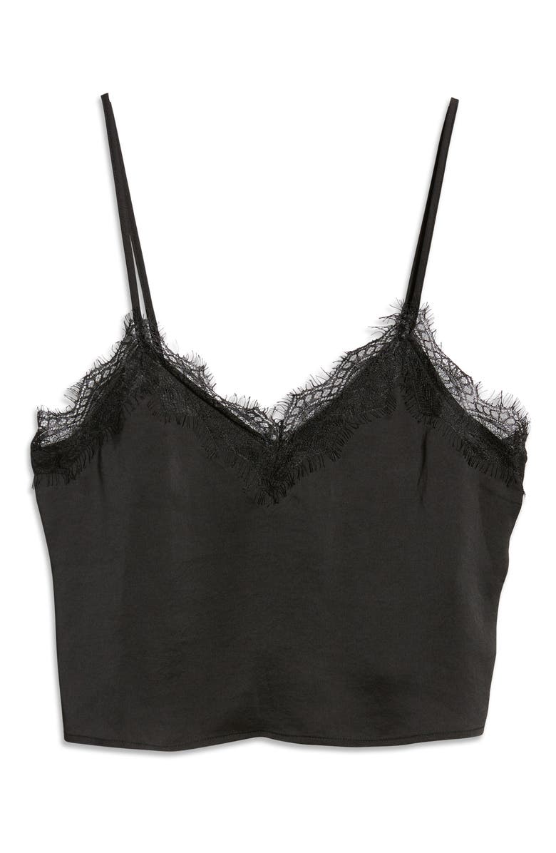 Open Edit Eyelash Lace Trim Satin Crop Camisole, Alternate, color,