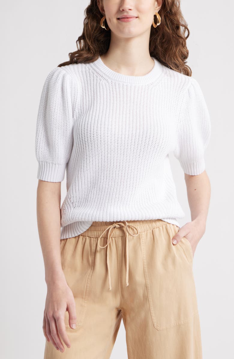 Caslon<sup>®</sup> Elbow Sleeve Cotton Sweater, Main, color, White