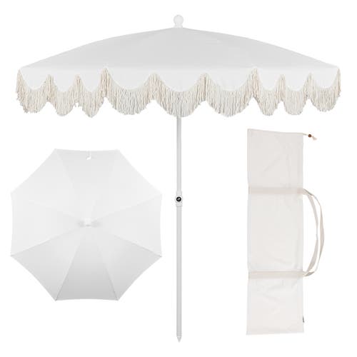 Jonathan Y Mariner 6.5 Ft. Classic Cottage Fringe Tassel Market Beach Umbrella With Push Button Tilt In White