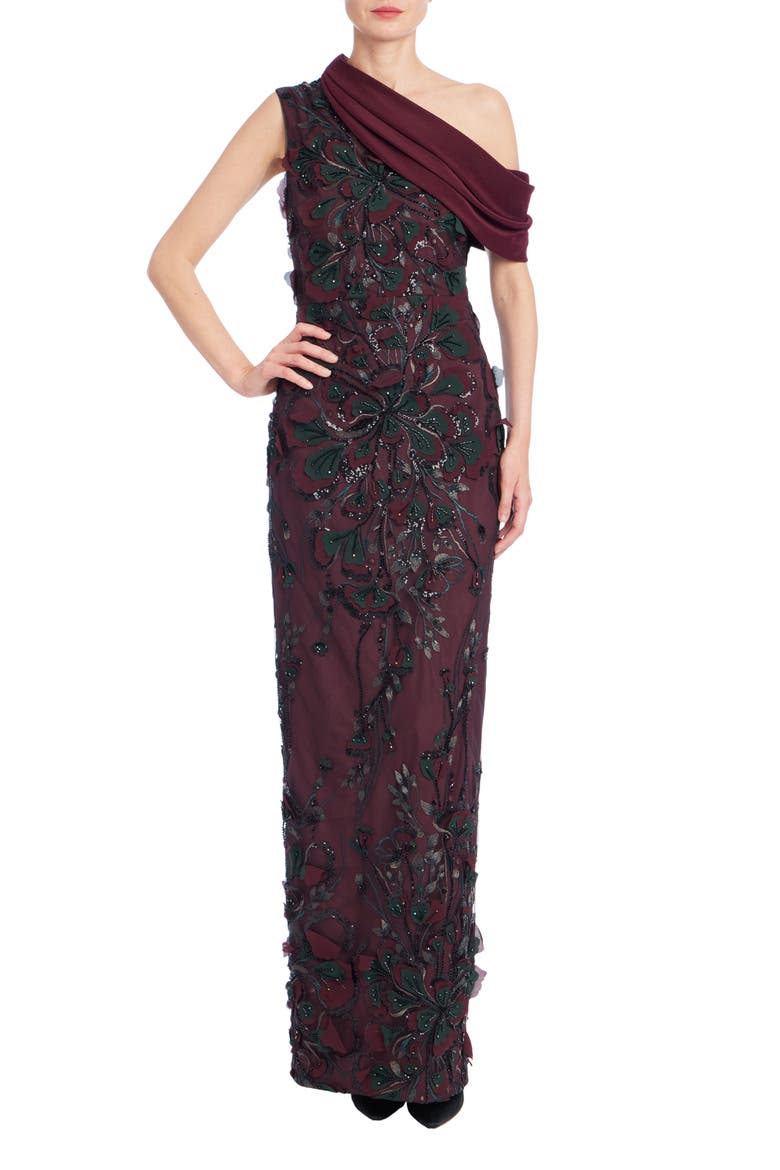 One-Shoulder Embroidered Sequin Gown, Main, color, WINE
