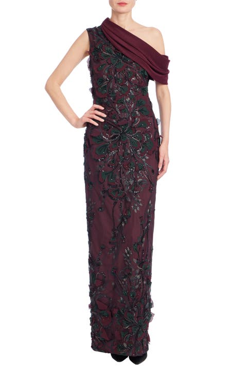 One-Shoulder Embroidered Sequin Gown