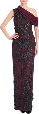 Badgley Mischka Collection One-Shoulder Embroidered Sequin Gown