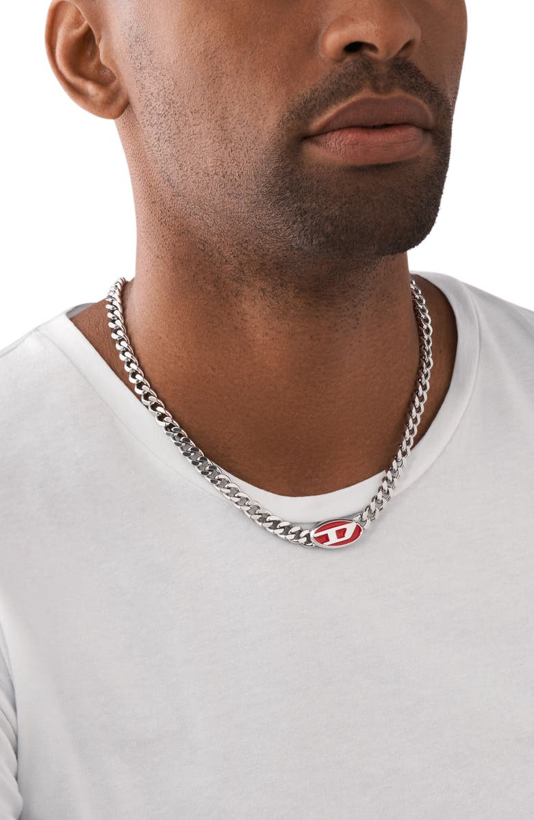 DIESEL<sup>®</sup> Oval D Enamel Pendant Chain Necklace, Alternate, color, Silver/ Red