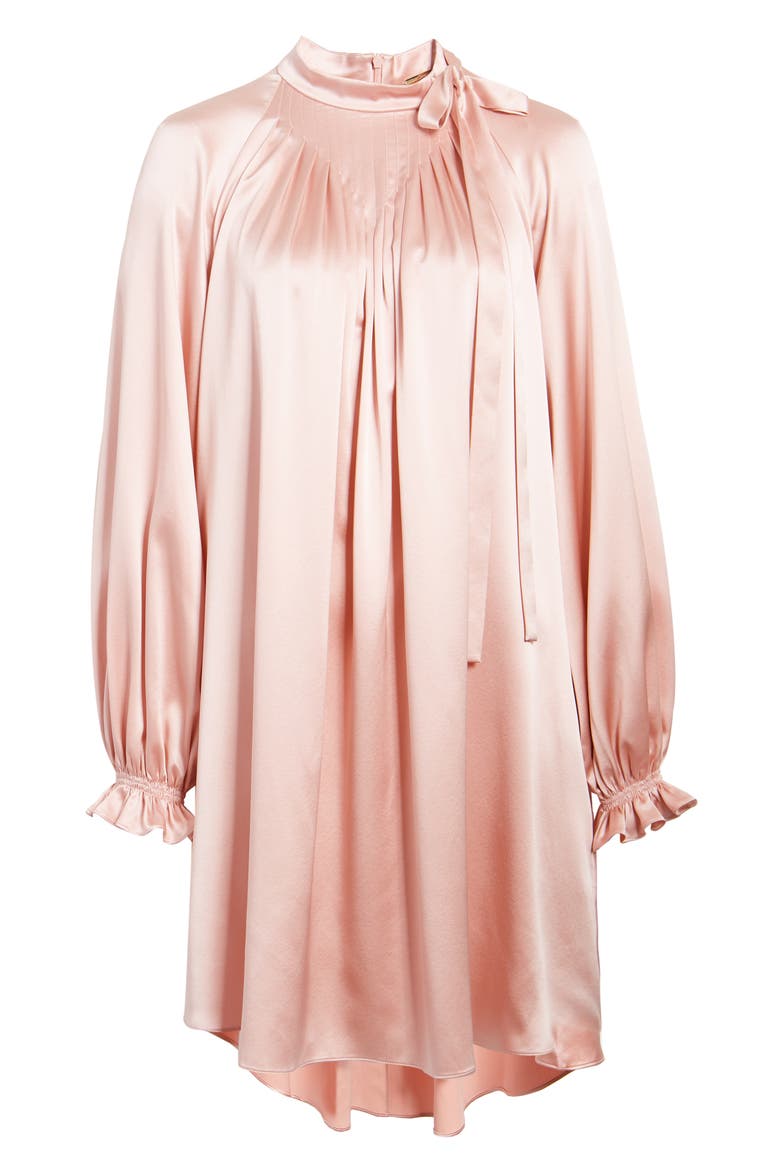 Tie Neck Long Sleeve Silk Charmeuse Minidress, Alternate, color, DUSTY ROSE