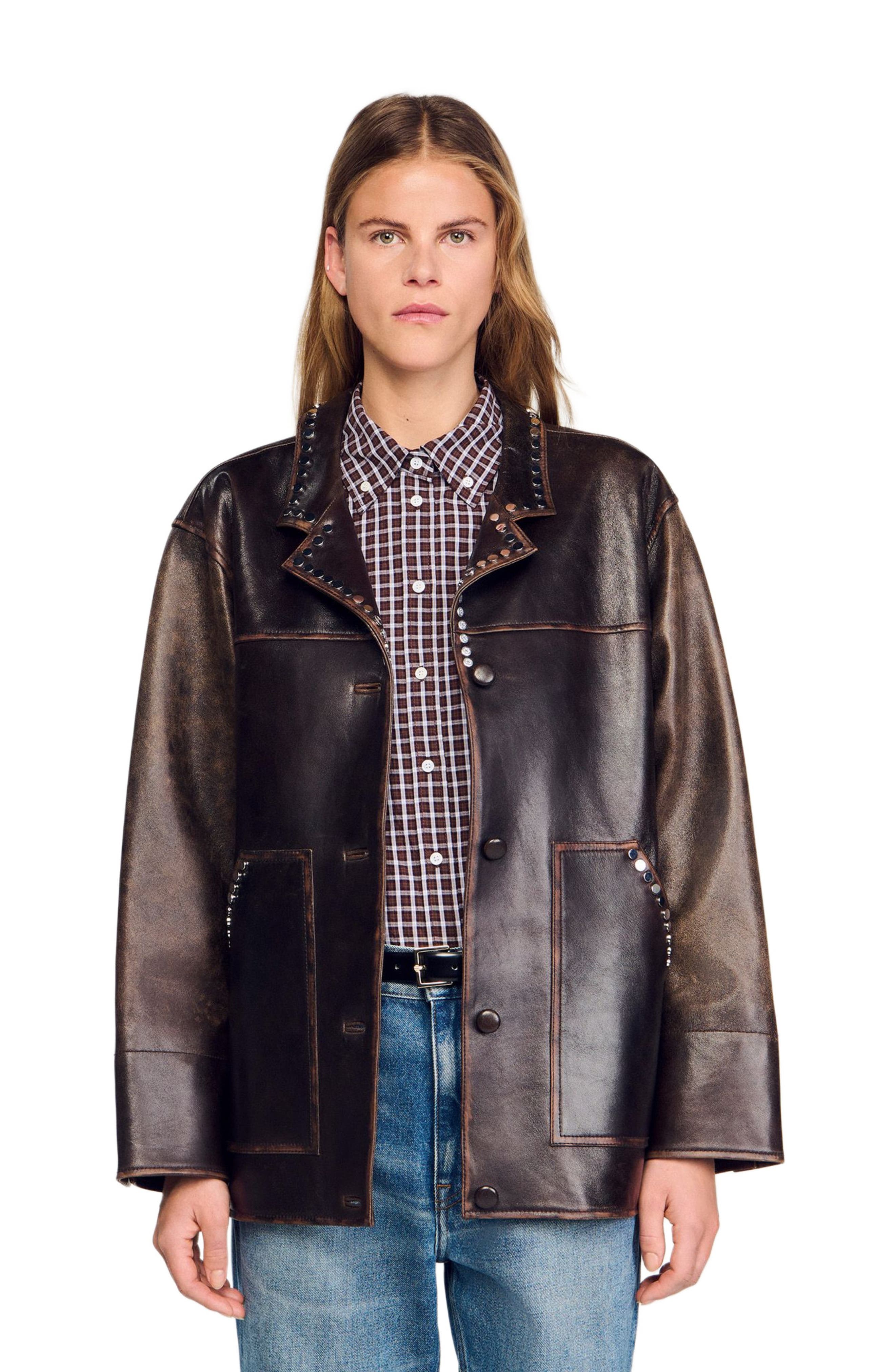 Oversized leather jacket with studs