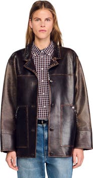 SANDRO Oversized leather jacket with studs