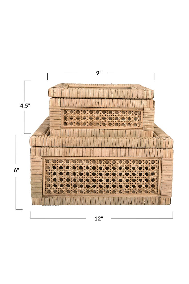 Woven Wood and Rattan Display Boxes with Glass Lids, Natural, Set of 2, Alternate, color, Natural