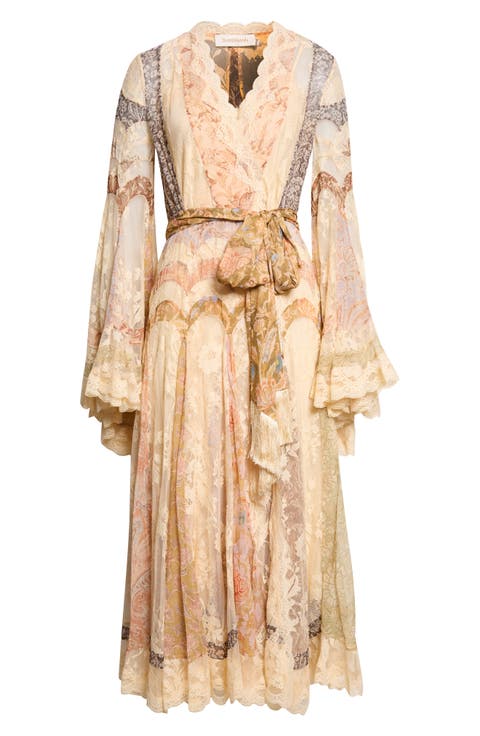 Valiant Floral Long Sleeve Silk & Lace Wrap Dress