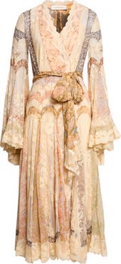 Zimmermann Valiant Floral Long Sleeve Silk & Lace Wrap Dress