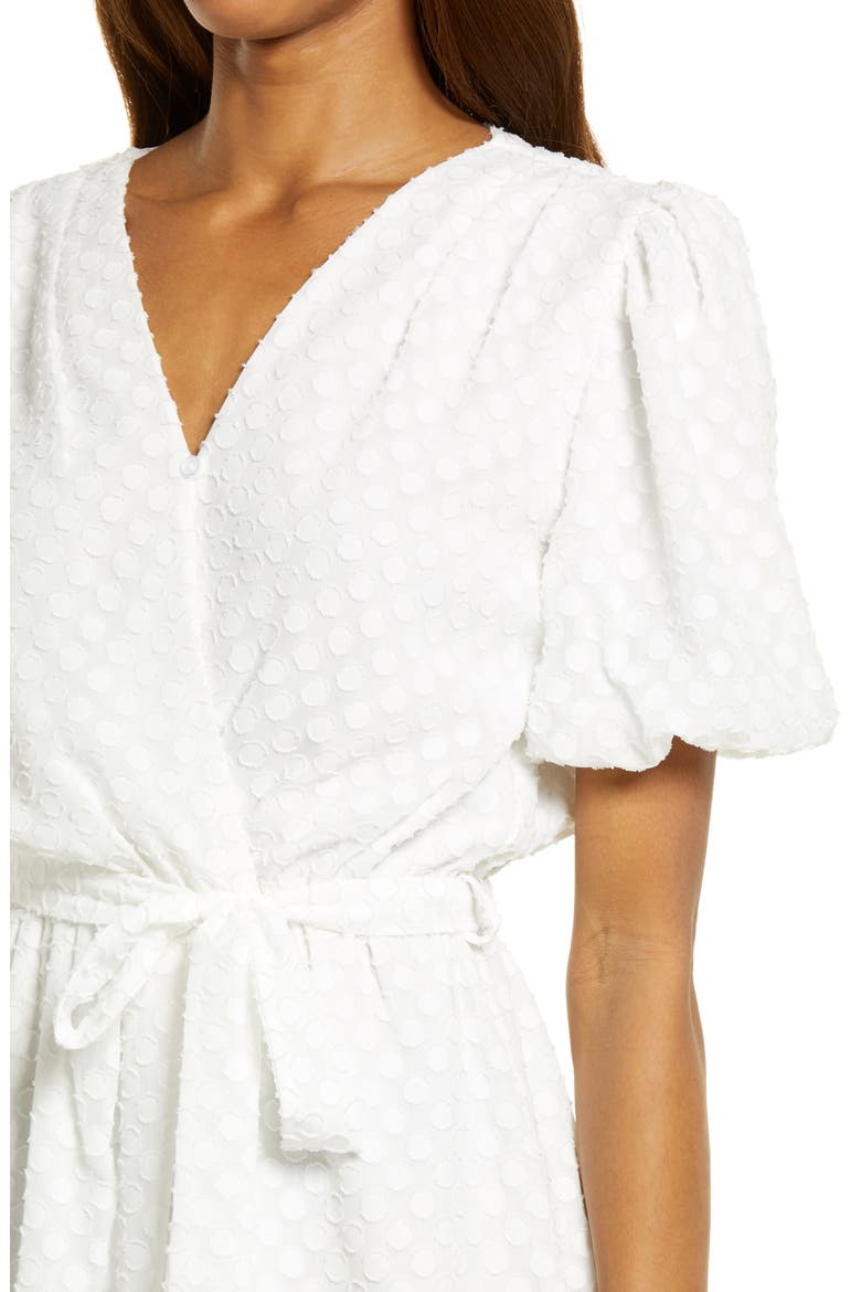 Dot Jacquard Faux Wrap Dress, Alternate, color, WHITE