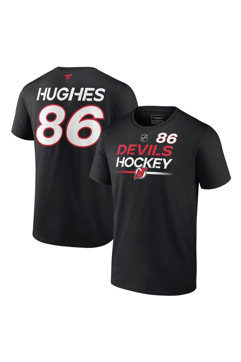 Men's Fanatics Branded Jack Hughes Black New Jersey Devils Authentic Pro Prime Name & Number T-Shirt, Main, color, Black