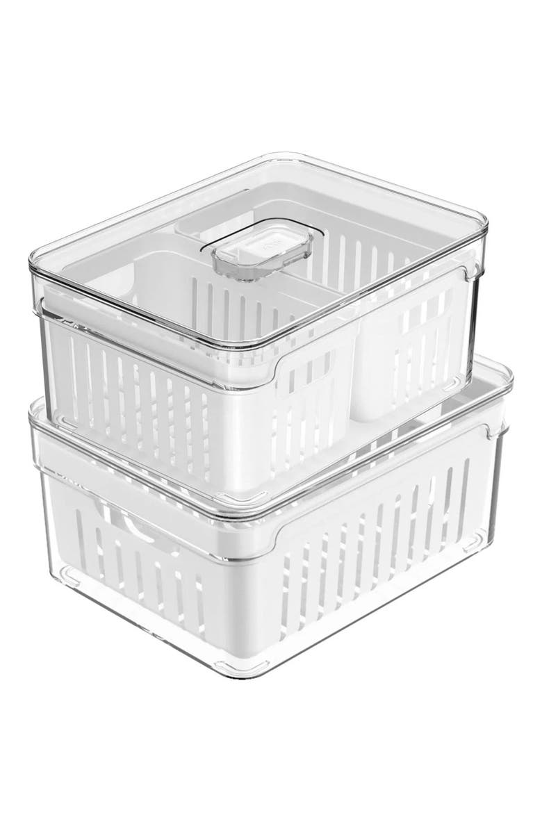 OU Clear Stackable Fridge Organizer Bins with Drain Baskets and Vented Lids, 2 Pack, Main, color, Clear With White Drainer