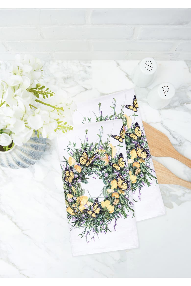 Butterfly Wreath Design Spring Theme Printed Flour Sack Kitchen Dishtowel, Alternate, color, White