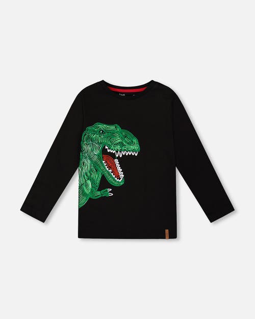 Deux Par Deux Long Sleeve Jersey Tee Shirt With Dinosaur In Black