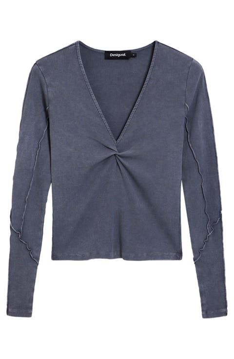 Twist Front Long Sleeve Cotton T-Shirt