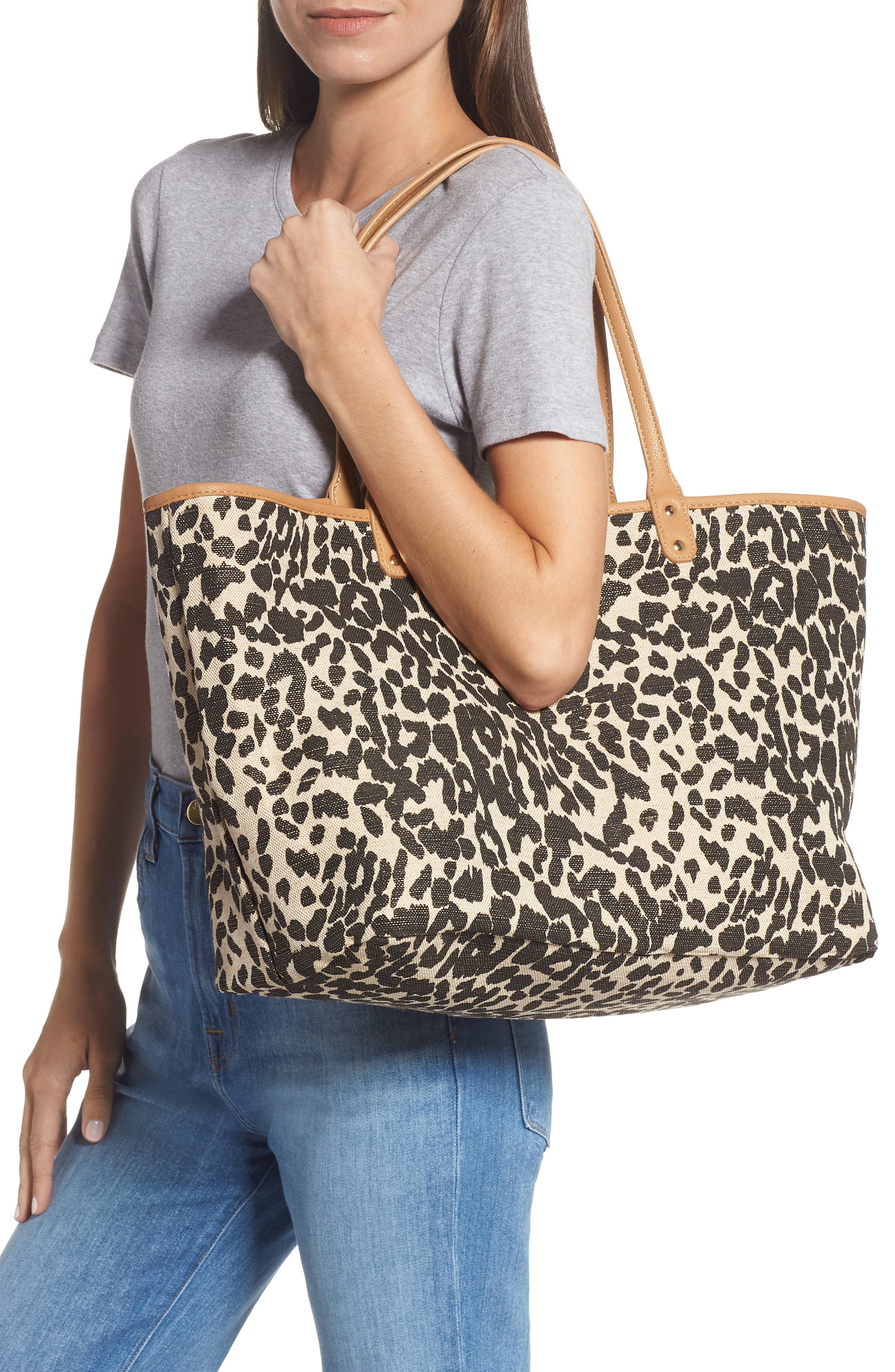 Tina Leopard Print & Vegan Leather Reversible Tote, Alternate, color, CAMEL