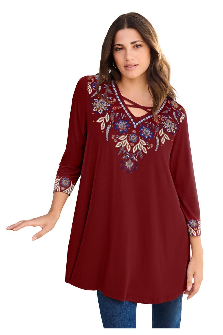 Criss Cross Ultra Drape Swing Tunic, Main, color, BURGUNDY NECKLINE FLOWERS