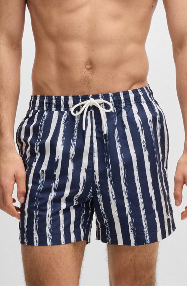 BOSS Stripe Swim Trunks, Main, color, Navy